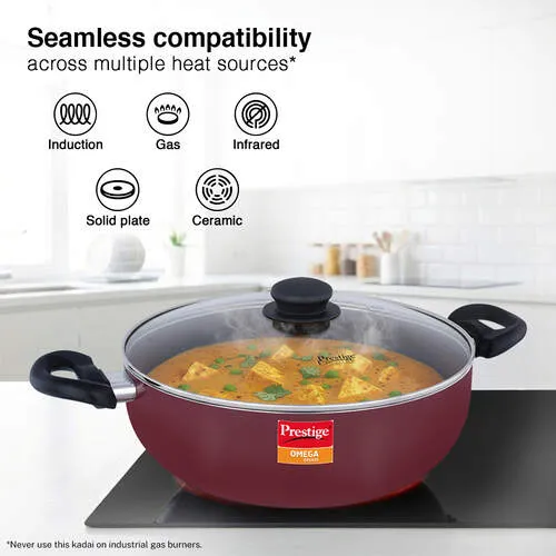 Prestige Omega Deluxe Aluminium Non-Stick Round Base Deep Kadai with Glass Lid 28cm (Red) - Detail View